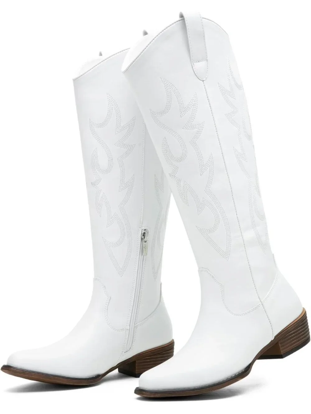 Women's White Knee High Western Tall Round Toe Side Zipper Low Heel Cowgirl Boot